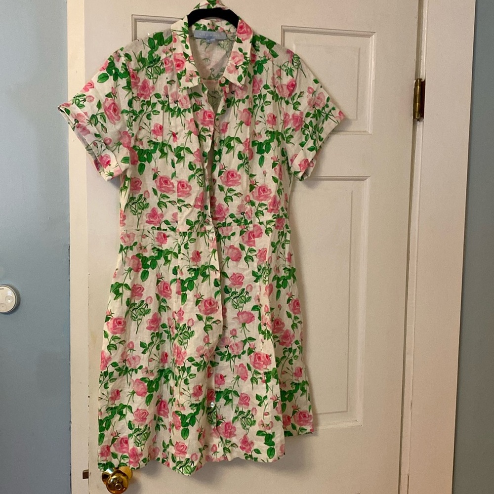 Hill House Home Laura Button Down Shirt Dress Pink Roses Linen M EUC